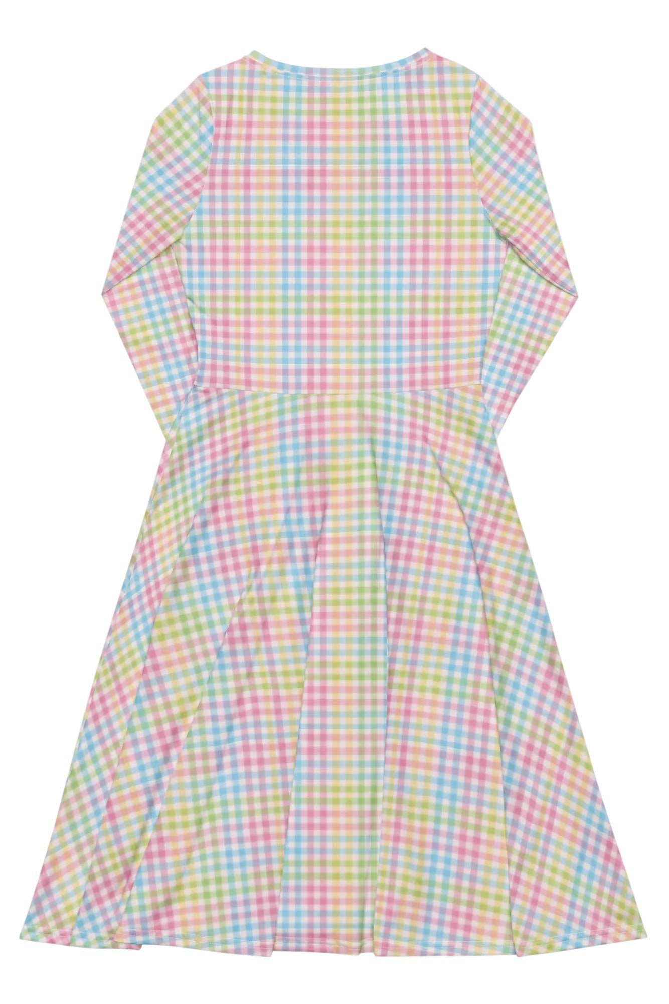 Pastel rainbow gingham long sleeve vintage swing dress with a boat neckline and pockets.