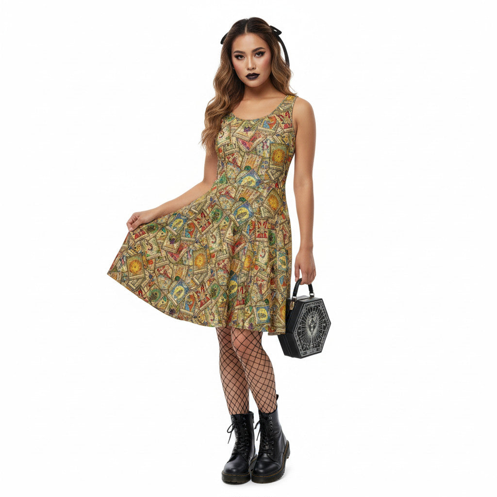 Wman wearing a Whimsigoth tarot card print skater dress with fishnets and a gothic handbag.