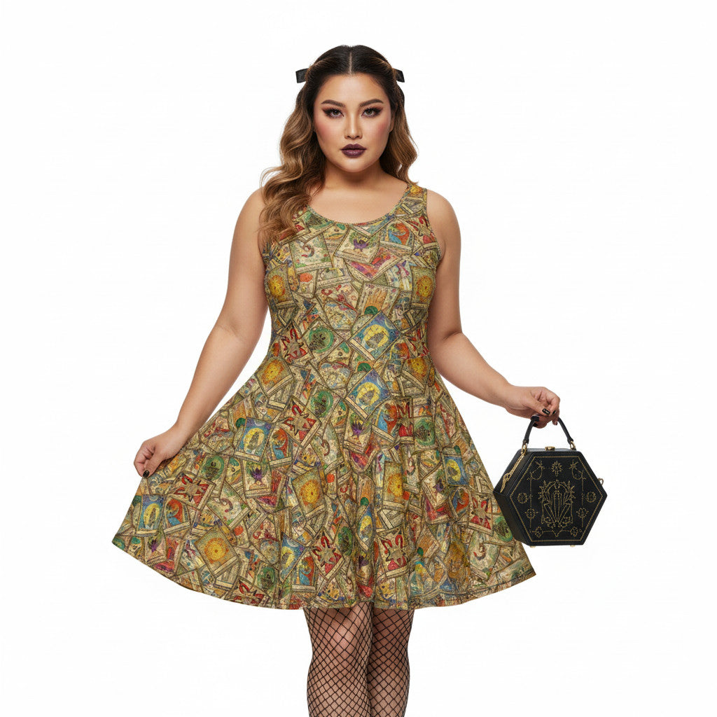 Plus size woman wearing a Whimsigoth tarot card print skater dress with fishnets and a gothic handbag.