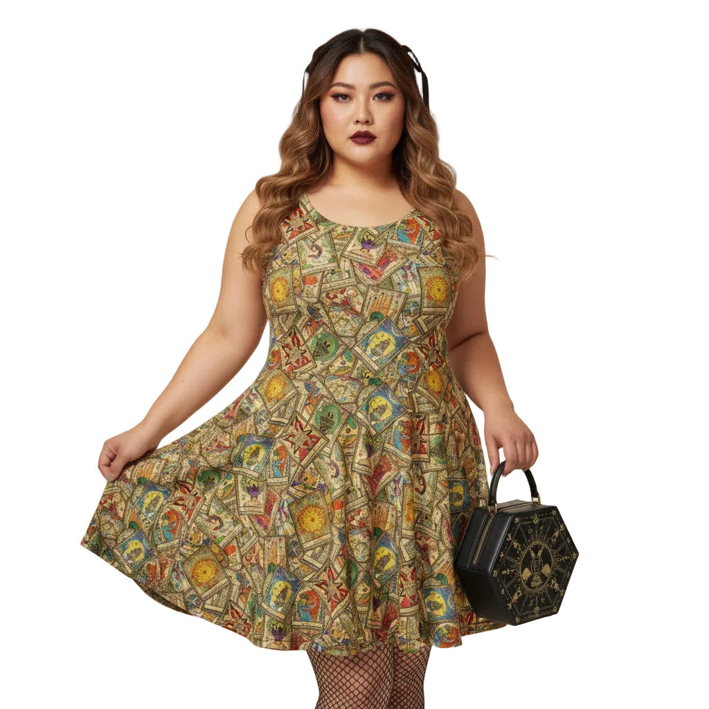 Plus size woman wearing a Whimsigoth tarot card print skater dress with fishnets and a gothic handbag.