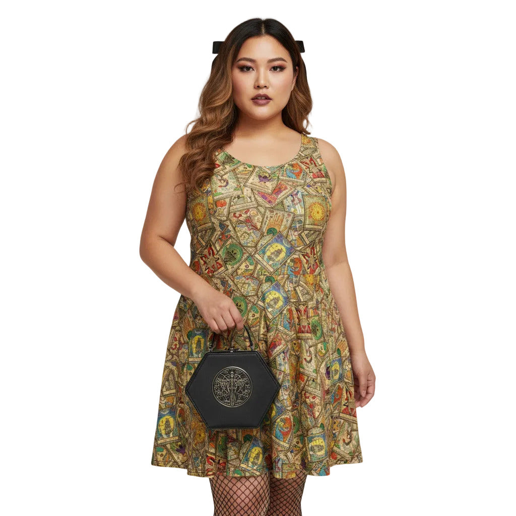 Woman wearing a Whimsigoth tarot card print skater dress with fishnets and a gothic handbag.