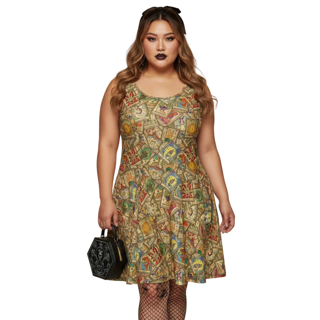 Plus size woman wearing a Whimsigoth tarot card print skater dress with fishnets and a gothic handbag.