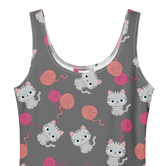 Grey 1950s vintage swing dress with cat and pink yarn print.