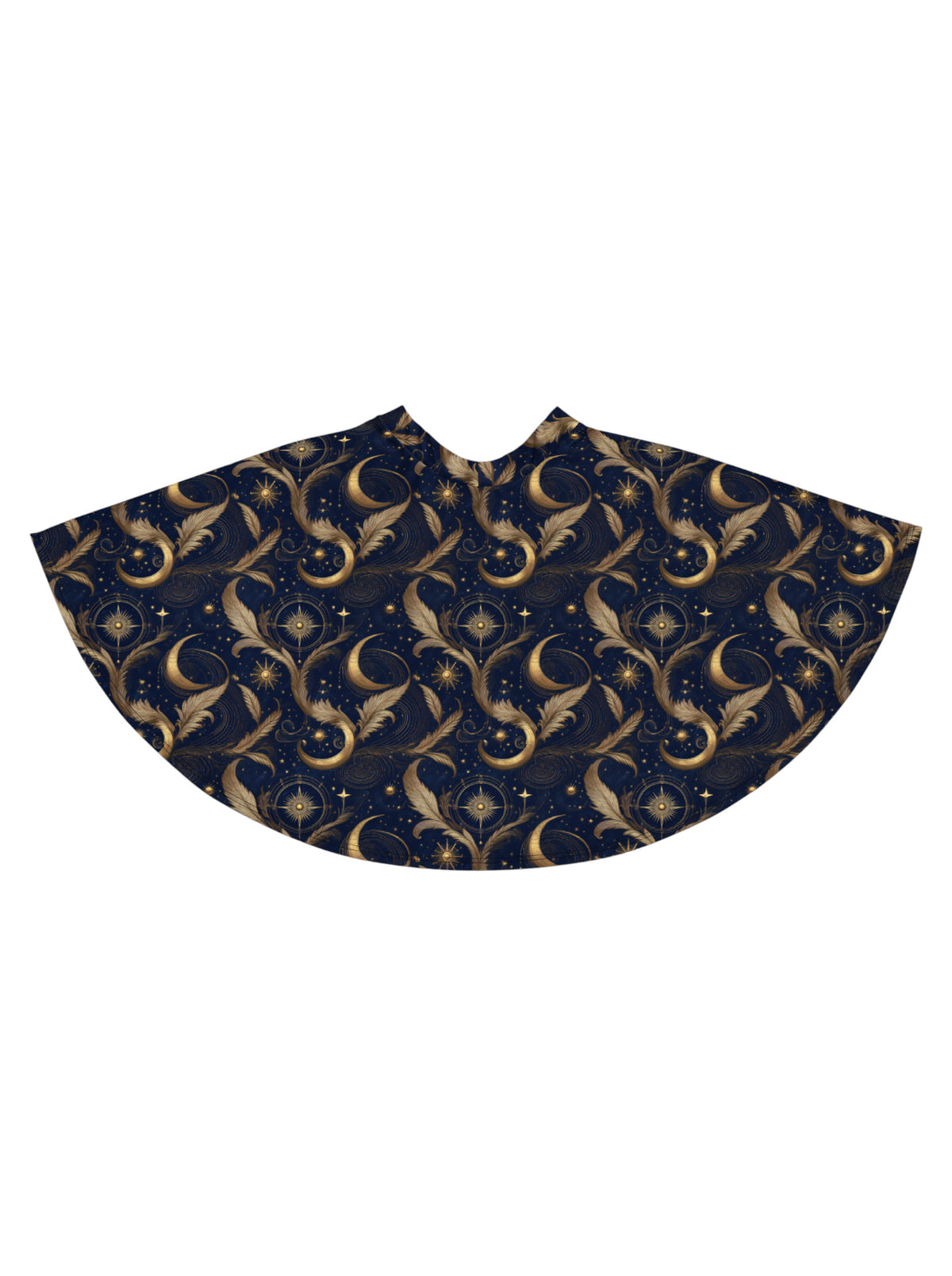 High-waisted whimsigoth celestial skater skirt featuring large gold crescent moons and starbursts.