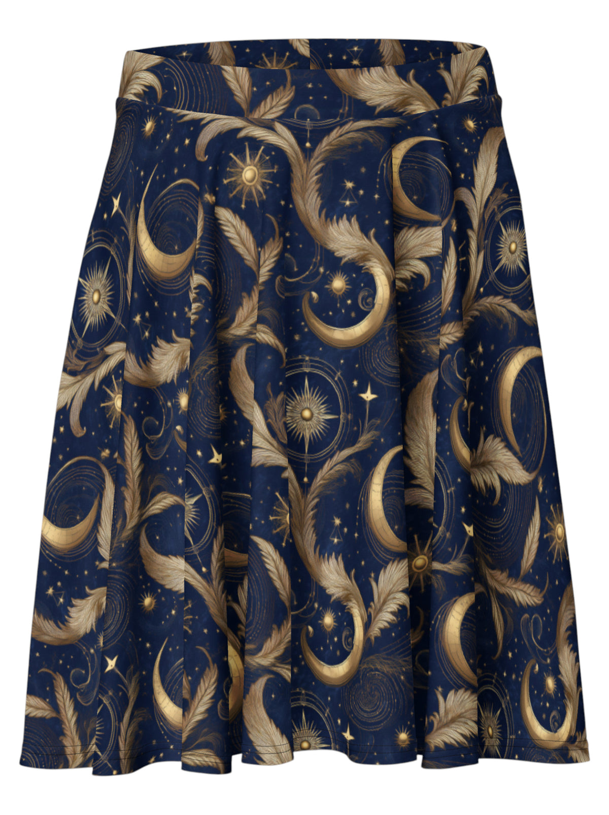 High-waisted whimsigoth celestial skater skirt featuring large gold crescent moons and starbursts.