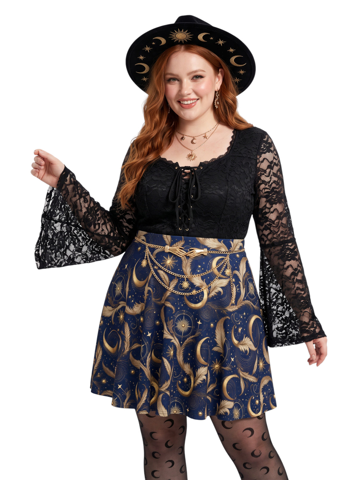 Plus size woman wearing a high-waisted whimsigoth celestial skater skirt featuring large gold crescent moons and starbursts.