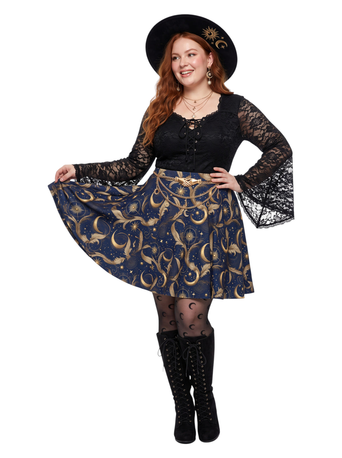 Plus size woman wearing a high-waisted whimsigoth celestial skater skirt featuring large gold crescent moons and starbursts.