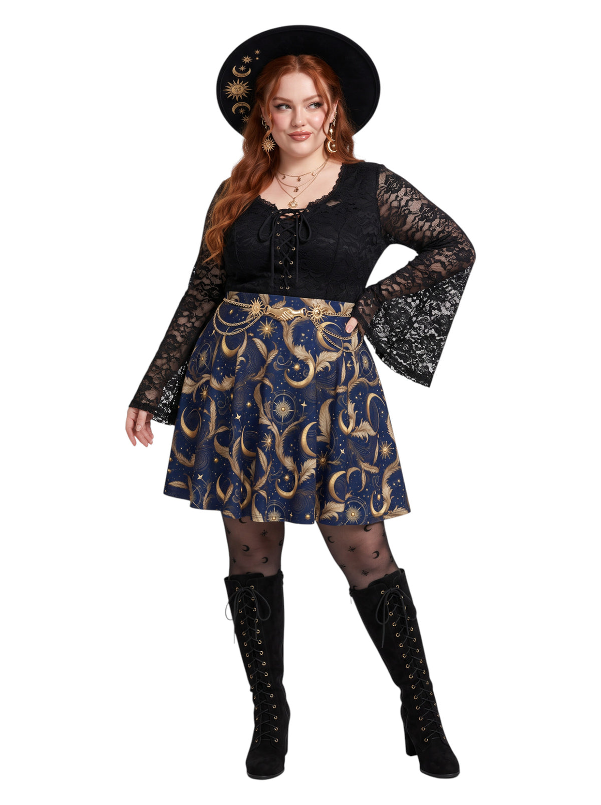 Plus size woman wearing a high-waisted whimsigoth celestial skater skirt featuring large gold crescent moons and starbursts.