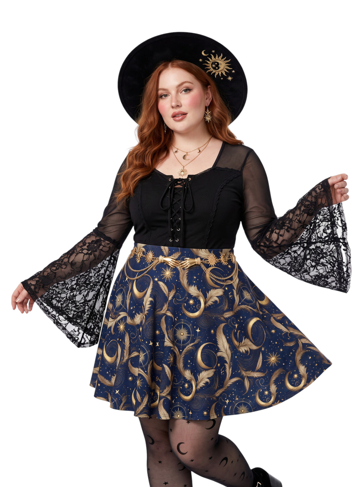 Plus size woman wearing a high-waisted whimsigoth celestial skater skirt featuring large gold crescent moons and starbursts.