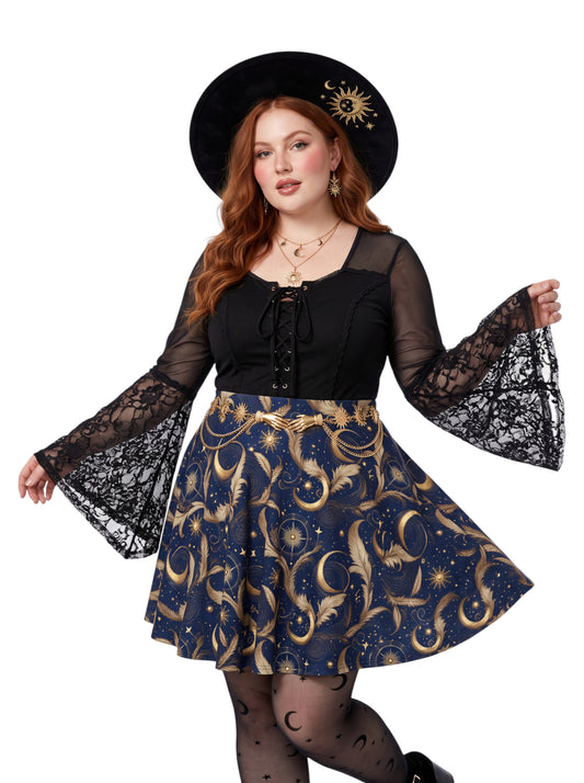 Plus size woman wearing a high-waisted whimsigoth celestial skater skirt featuring large gold crescent moons and starbursts.
