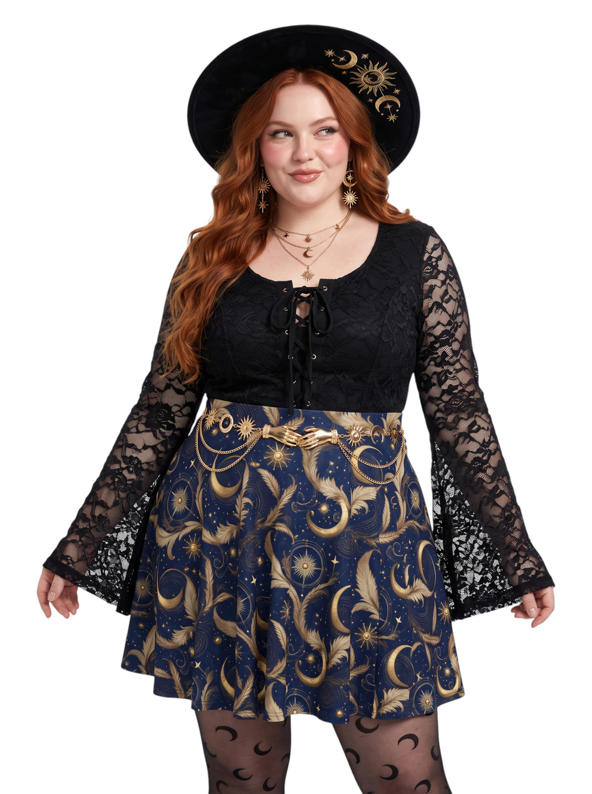 Plus size woman wearing a high-waisted whimsigoth celestial skater skirt featuring large gold crescent moons and starbursts.