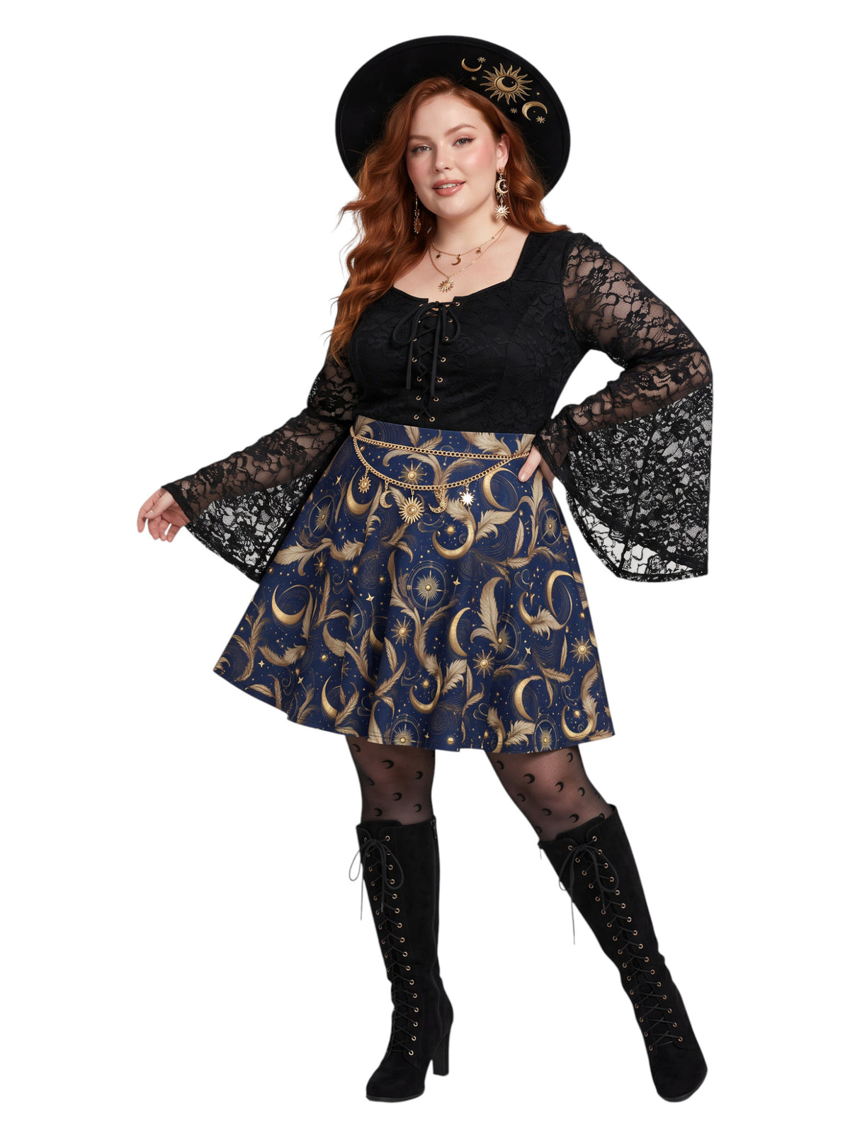 Plus size woman wearing a high-waisted whimsigoth celestial skater skirt featuring large gold crescent moons and starbursts.