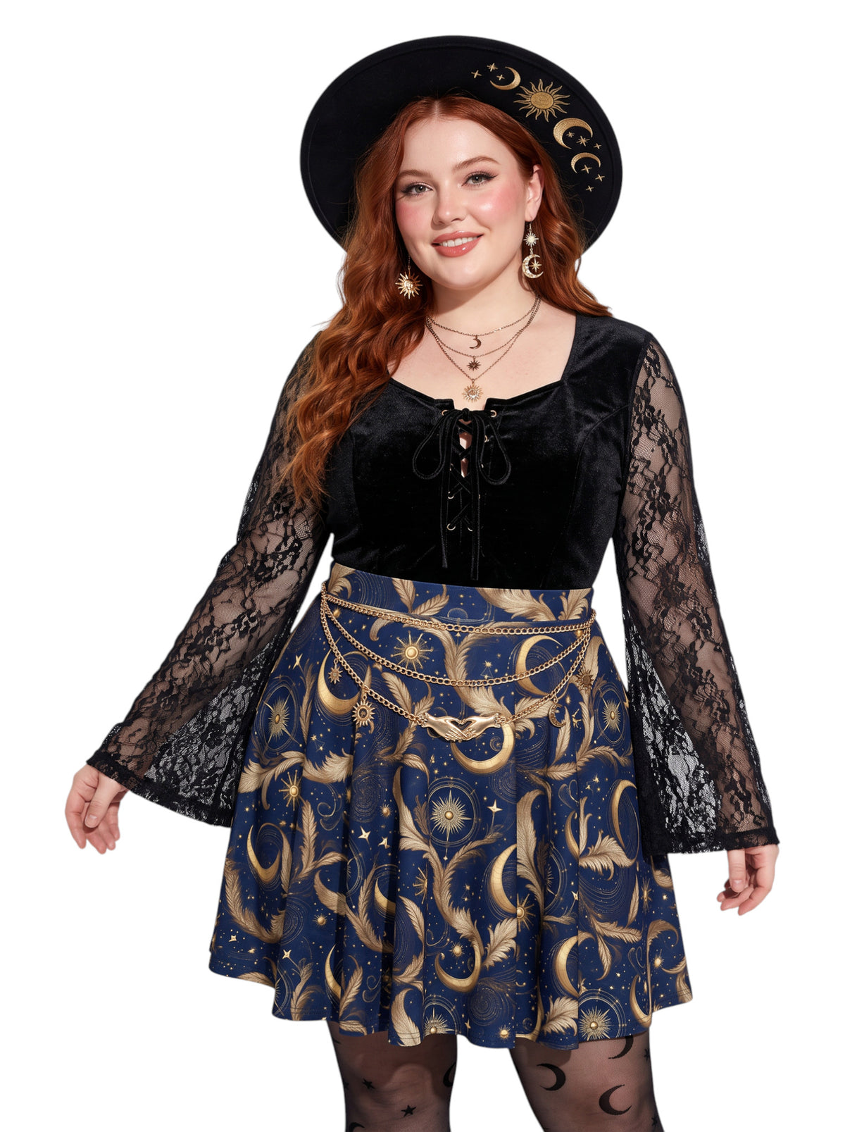 Plus size woman wearing a high-waisted whimsigoth celestial skater skirt featuring large gold crescent moons and starbursts.