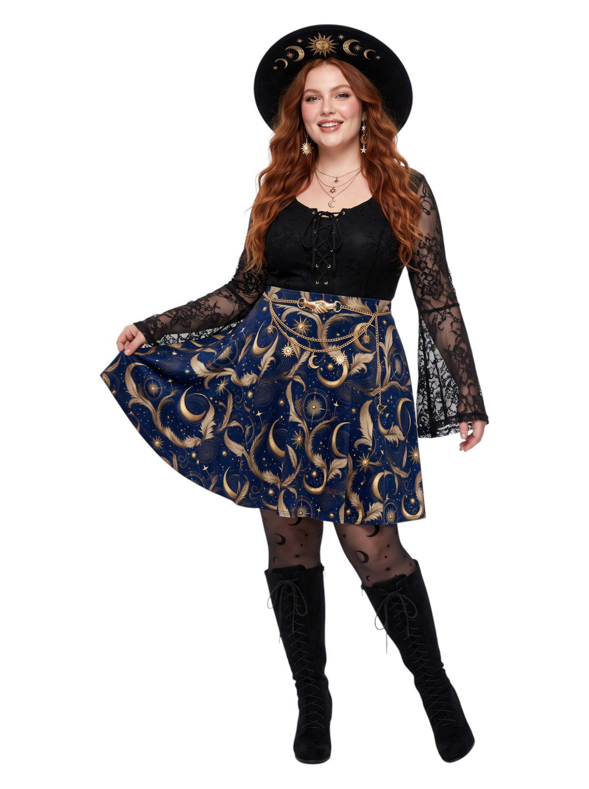 Plus size woman wearing a high-waisted whimsigoth celestial skater skirt featuring large gold crescent moons and starbursts.