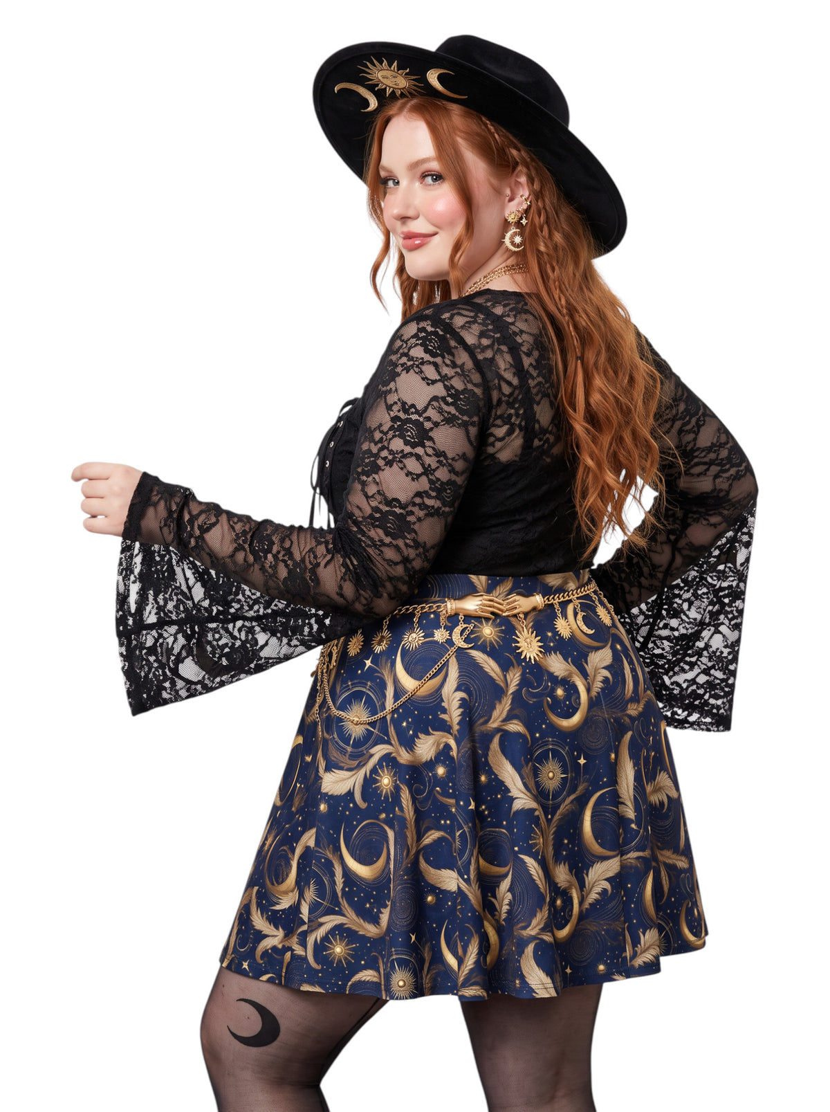 Plus size woman wearing a high-waisted whimsigoth celestial skater skirt featuring large gold crescent moons and starbursts.