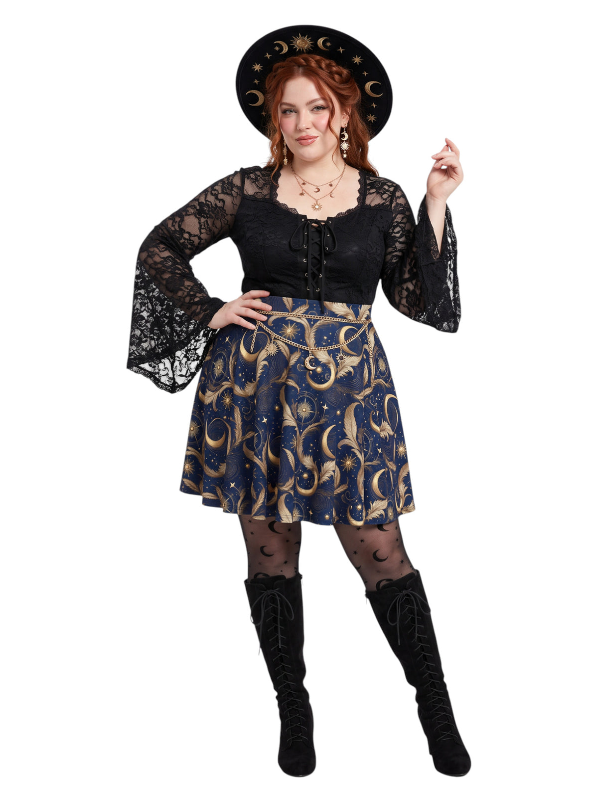 Plus size woman wearing a high-waisted whimsigoth celestial skater skirt featuring large gold crescent moons and starbursts.