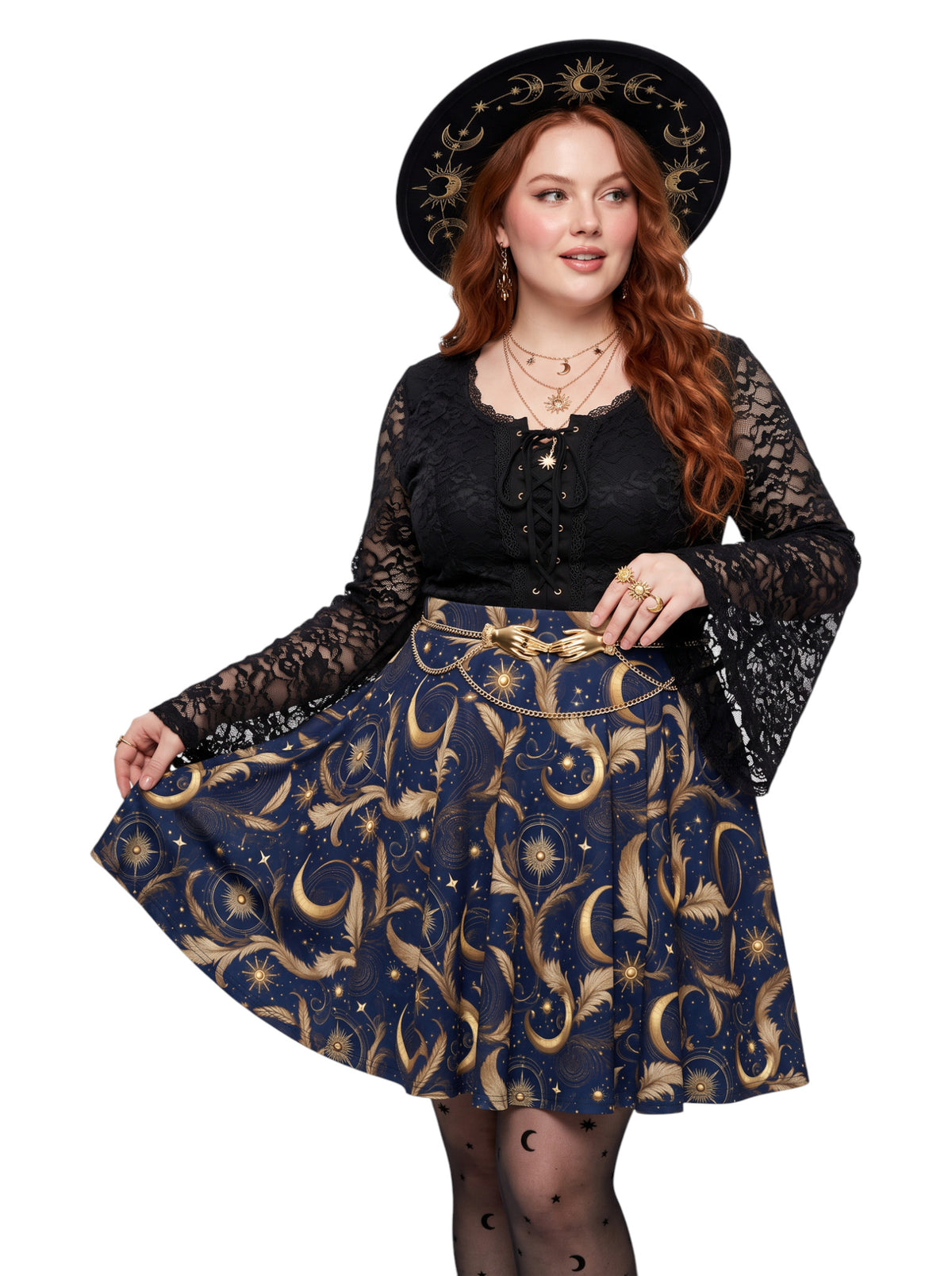 Plus size woman wearing a high-waisted whimsigoth celestial skater skirt featuring large gold crescent moons and starbursts.