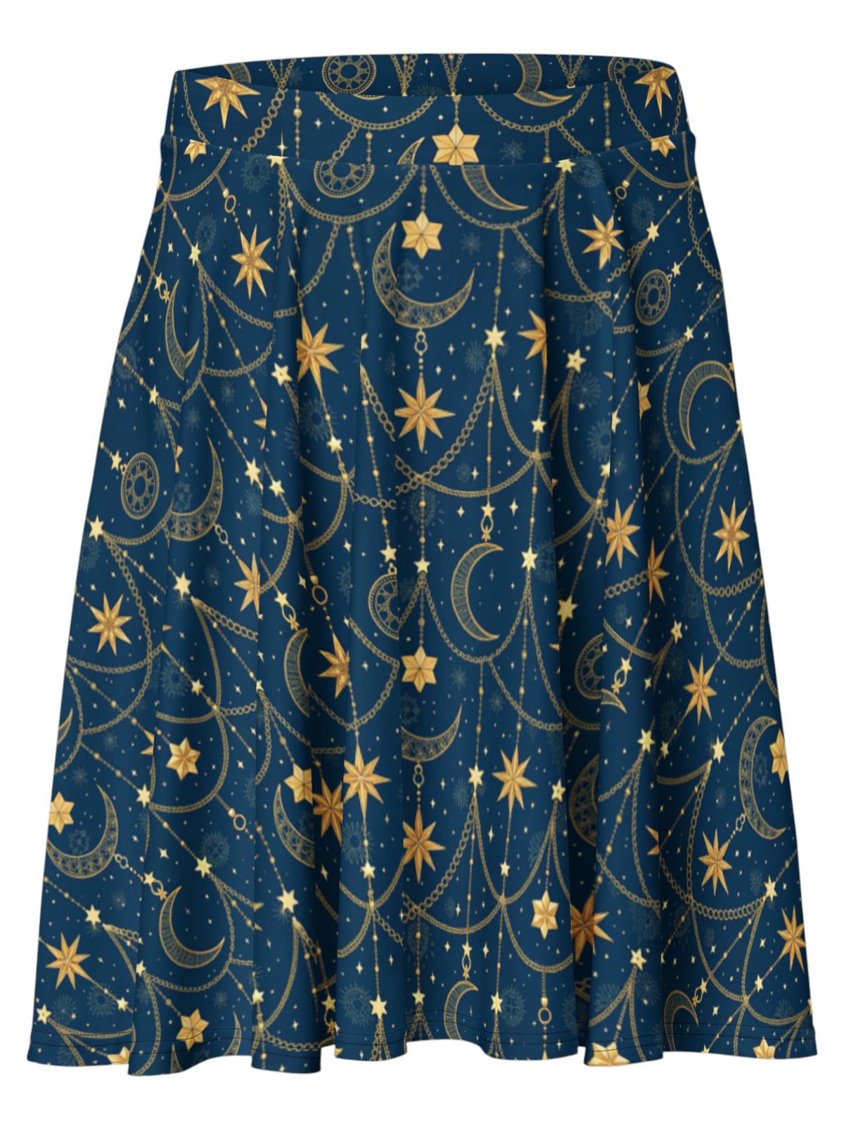 Plus-size model wearing a whimsigoth celestial skater skirt in navy blue with a gold sun and moon pattern, featuring a soft and stretchy fit and flare silhouette.