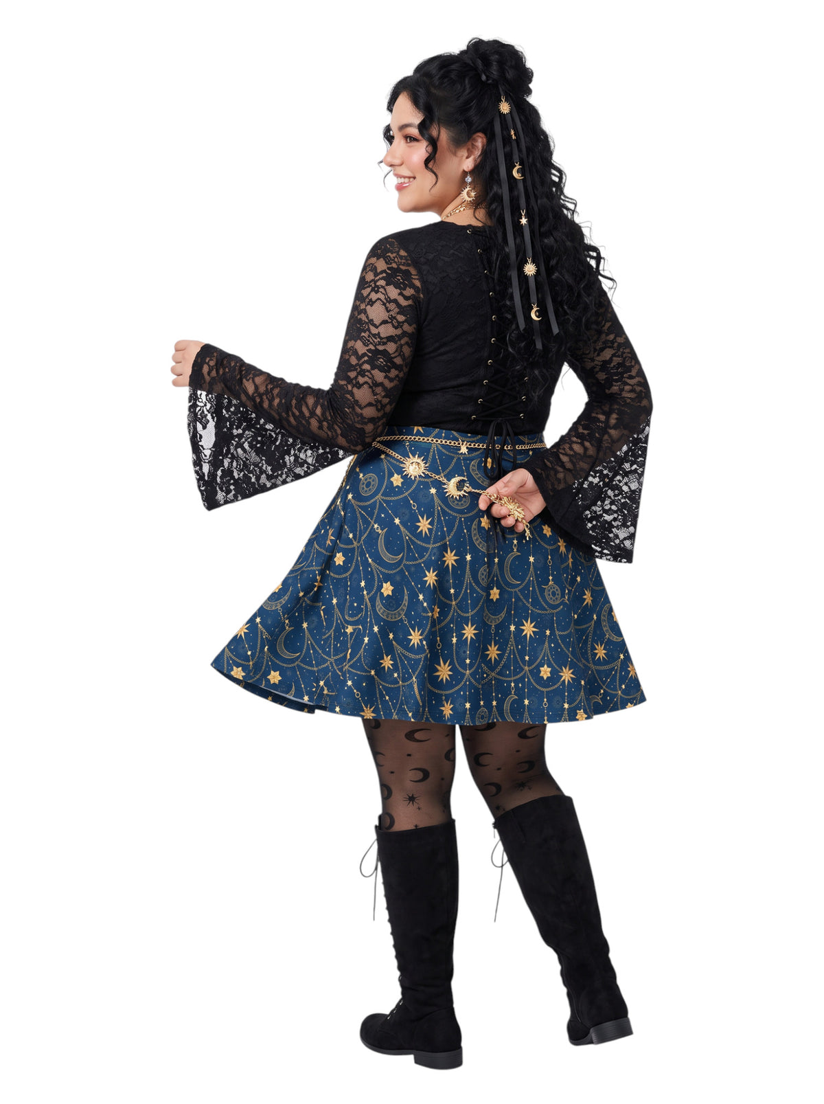 Plus-size model wearing a high-waisted whimsigoth celestial skater skirt in navy blue with a gold sun and moon pattern, featuring a soft and stretchy fit and flare silhouette.
