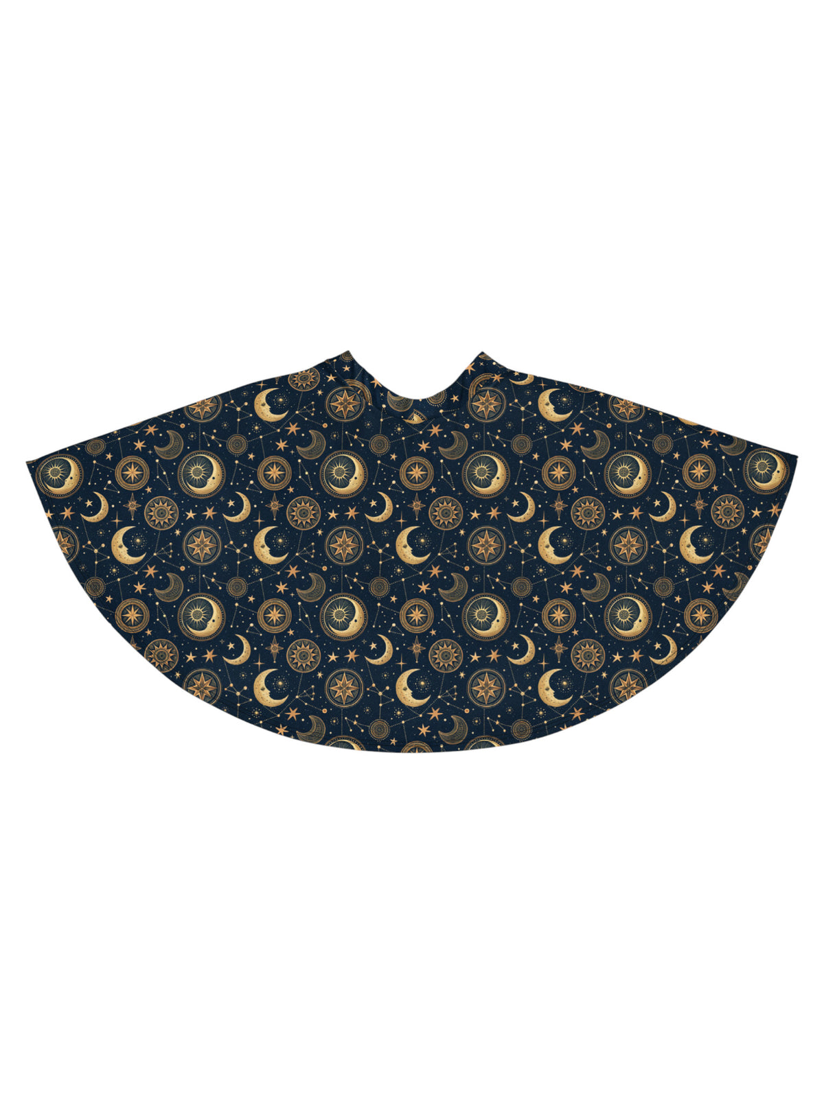 High-waisted whimsigoth celestial skater skirt in dark navy blue with a detailed gold sun and moon astrology pattern, styling an alternative 90s witchy outfit.
