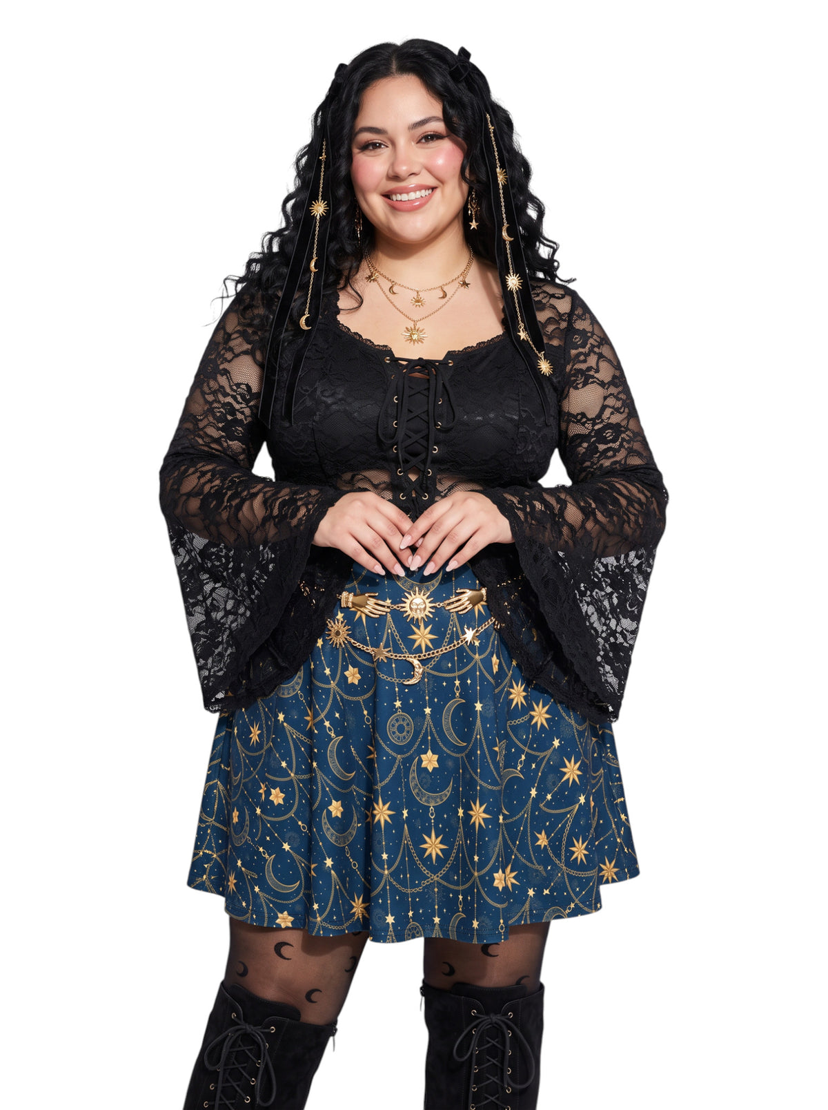 Plus-size model wearing a high-waisted whimsigoth celestial skater skirt in navy blue with a gold sun and moon pattern, featuring a soft and stretchy fit and flare silhouette.