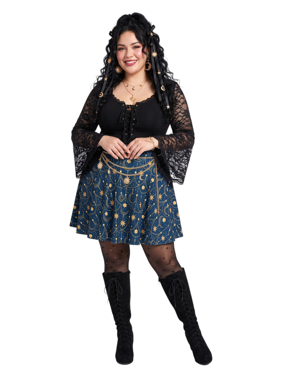 Plus-size model wearing a high-waisted whimsigoth celestial skater skirt in navy blue with a gold sun and moon pattern, featuring a soft and stretchy fit and flare silhouette.