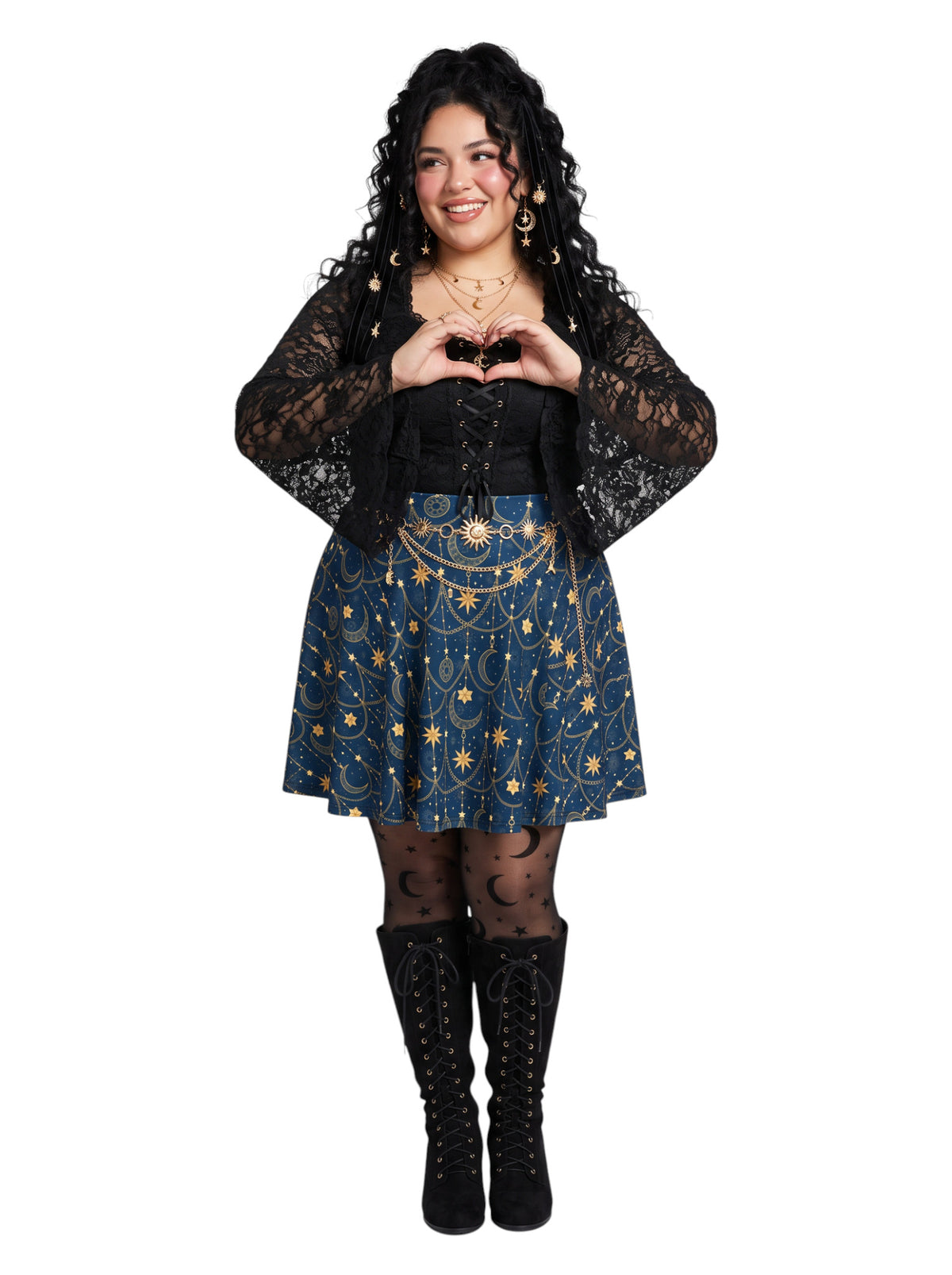 Plus-size model wearing a high-waisted whimsigoth celestial skater skirt in navy blue with a gold sun and moon pattern, featuring a soft and stretchy fit and flare silhouette.