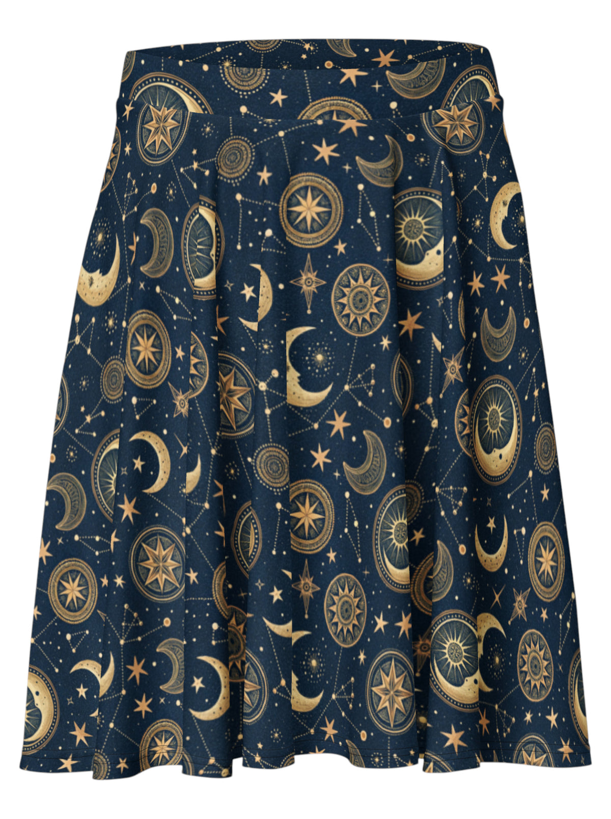 High-waisted whimsigoth celestial skater skirt in dark navy blue with a detailed gold sun and moon astrology pattern, styling an alternative 90s witchy outfit.