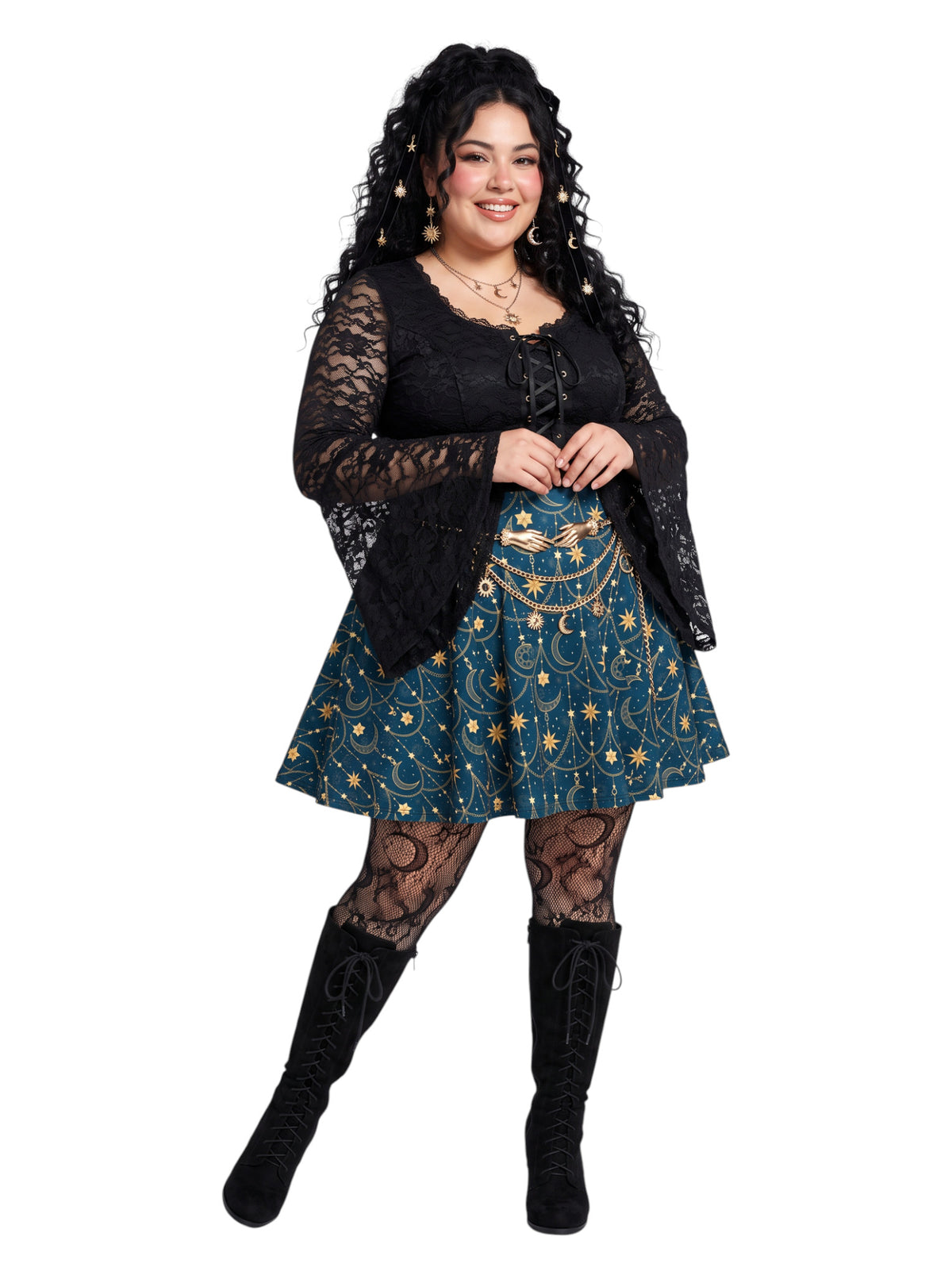Plus-size model wearing a high-waisted whimsigoth celestial skater skirt in navy blue with a gold sun and moon pattern, featuring a soft and stretchy fit and flare silhouette.
