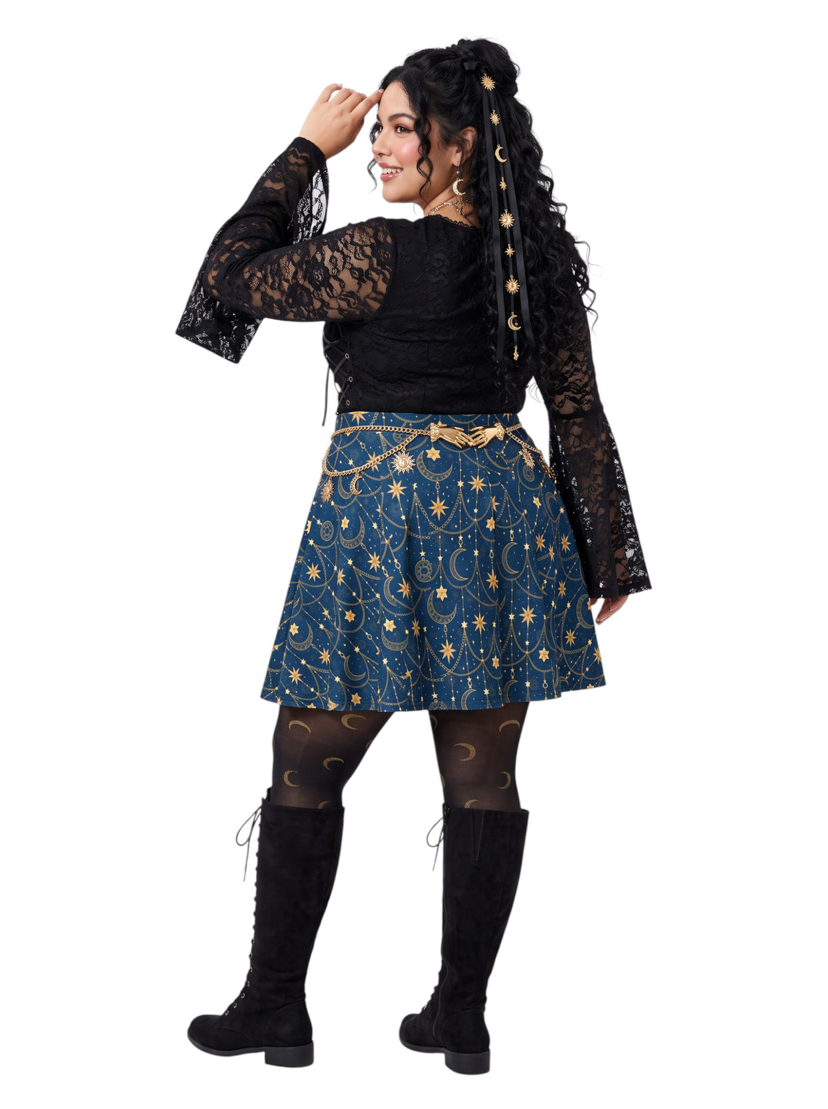Plus-size model wearing a high-waisted whimsigoth celestial skater skirt in navy blue with a gold sun and moon pattern, featuring a soft and stretchy fit and flare silhouette.