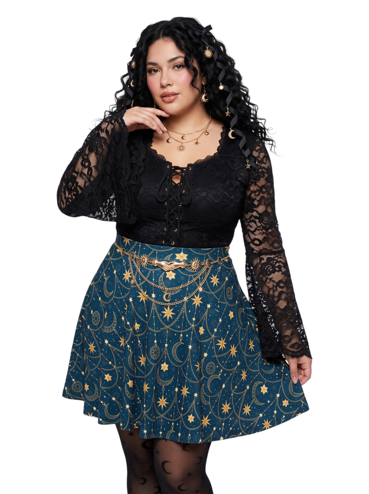 Plus-size model wearing a high-waisted whimsigoth celestial skater skirt in navy blue with a gold sun and moon pattern, featuring a soft and stretchy fit and flare silhouette.