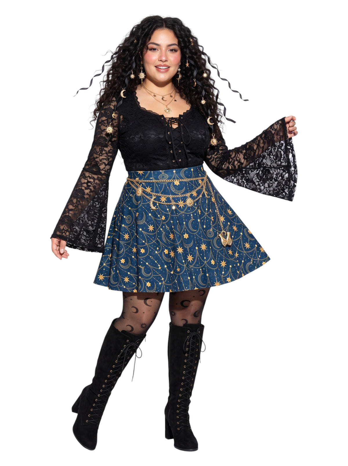 Plus-size model wearing a high-waisted whimsigoth celestial skater skirt in navy blue with a gold sun and moon pattern, featuring a soft and stretchy fit and flare silhouette.