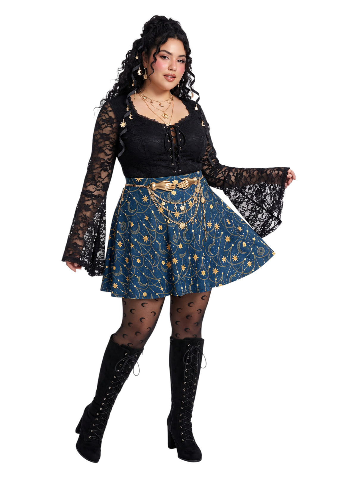 Plus-size model wearing a high-waisted whimsigoth celestial skater skirt in navy blue with a gold sun and moon pattern, featuring a soft and stretchy fit and flare silhouette.