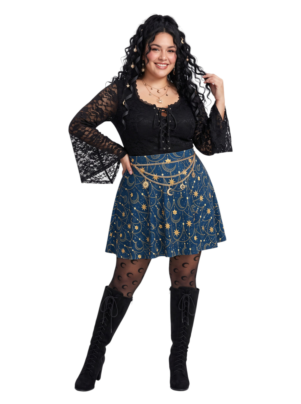 Plus-size model wearing a high-waisted whimsigoth celestial skater skirt in navy blue with a gold sun and moon pattern, featuring a soft and stretchy fit and flare silhouette.