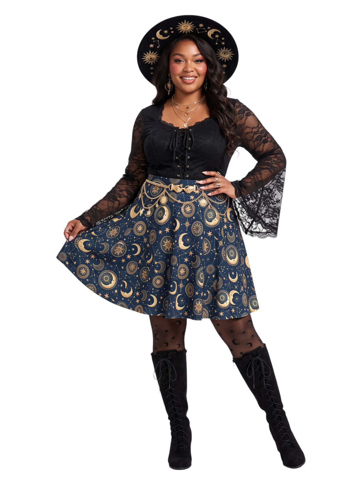 Plus size woman modeling a high-waisted whimsigoth celestial skater skirt in dark navy blue with a detailed gold sun and moon astrology pattern, styling an alternative 90s witchy outfit.