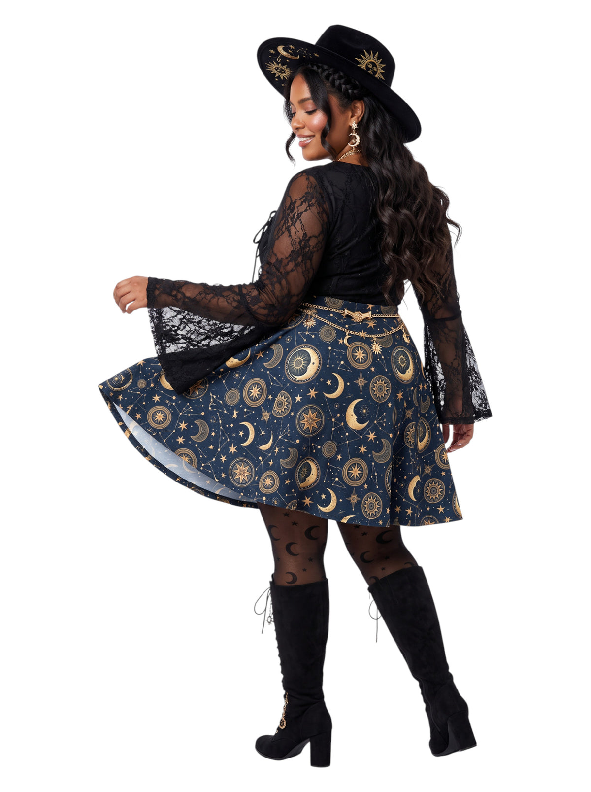 Plus size woman modeling a high-waisted whimsigoth celestial skater skirt in dark navy blue with a detailed gold sun and moon astrology pattern, styling an alternative 90s witchy outfit.