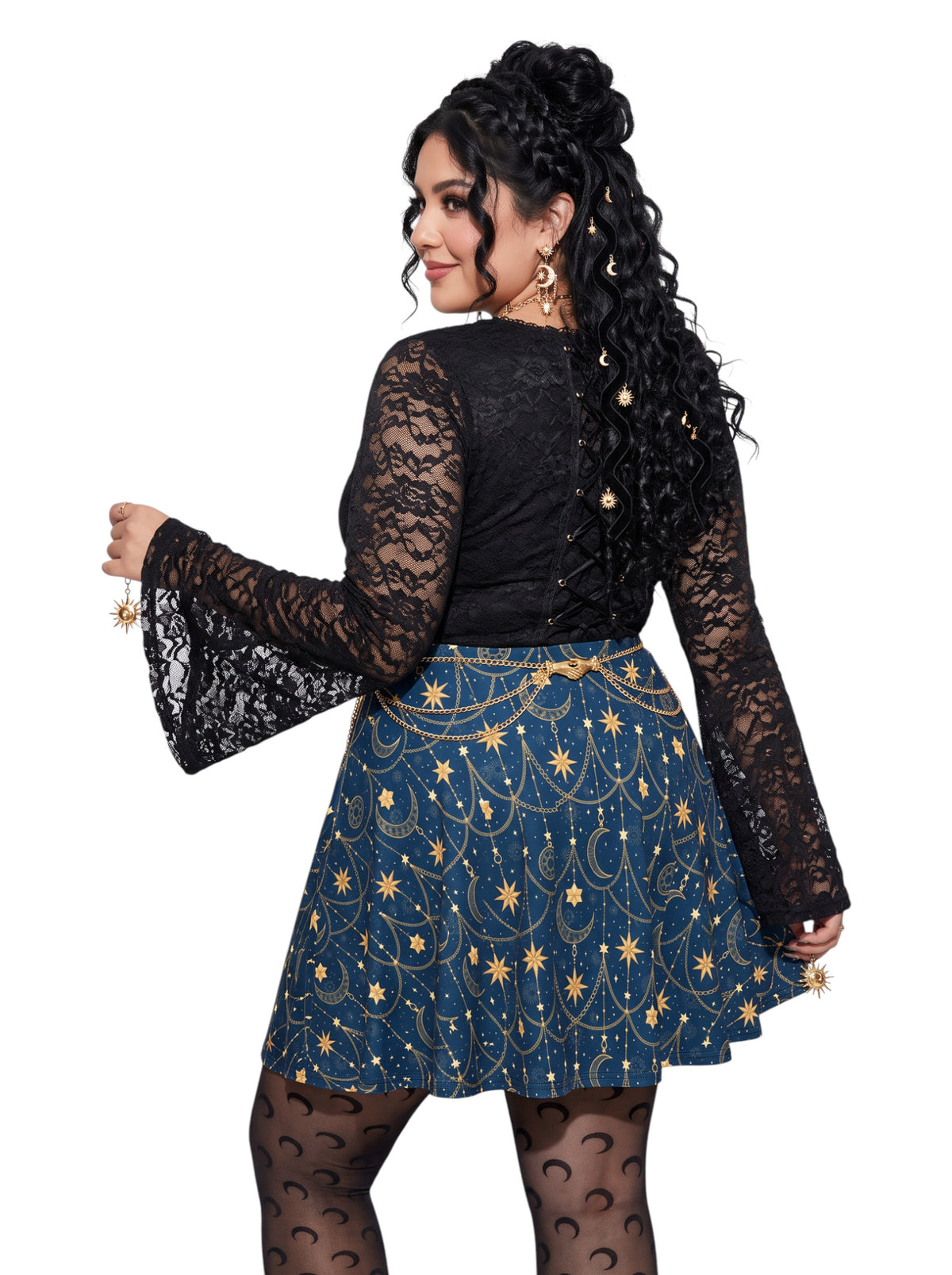 Plus-size model wearing a high-waisted whimsigoth celestial skater skirt in navy blue with a gold sun and moon pattern, featuring a soft and stretchy fit and flare silhouette.