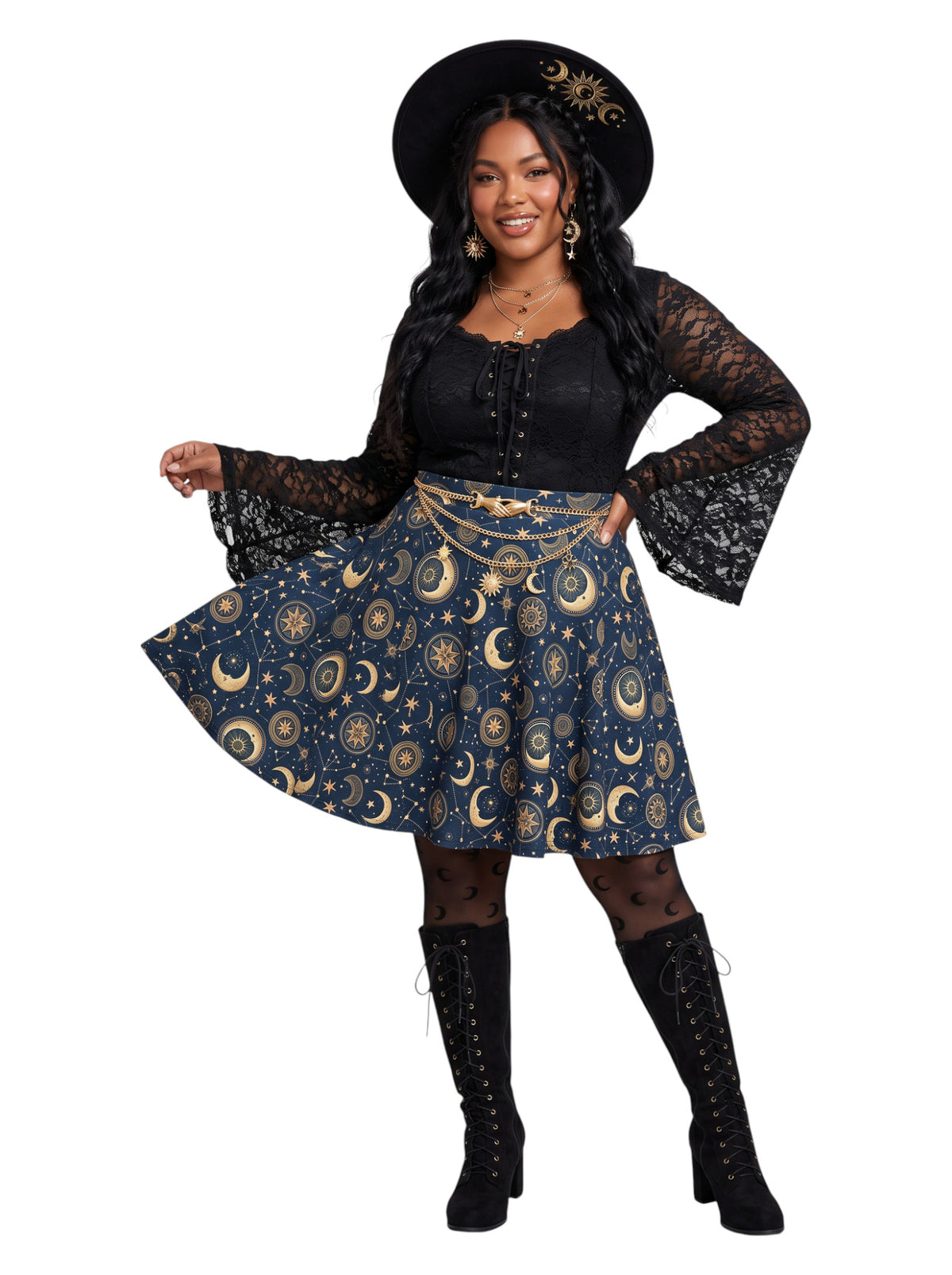 Plus size woman modeling a high-waisted whimsigoth celestial skater skirt in dark navy blue with a detailed gold sun and moon astrology pattern, styling an alternative 90s witchy outfit.