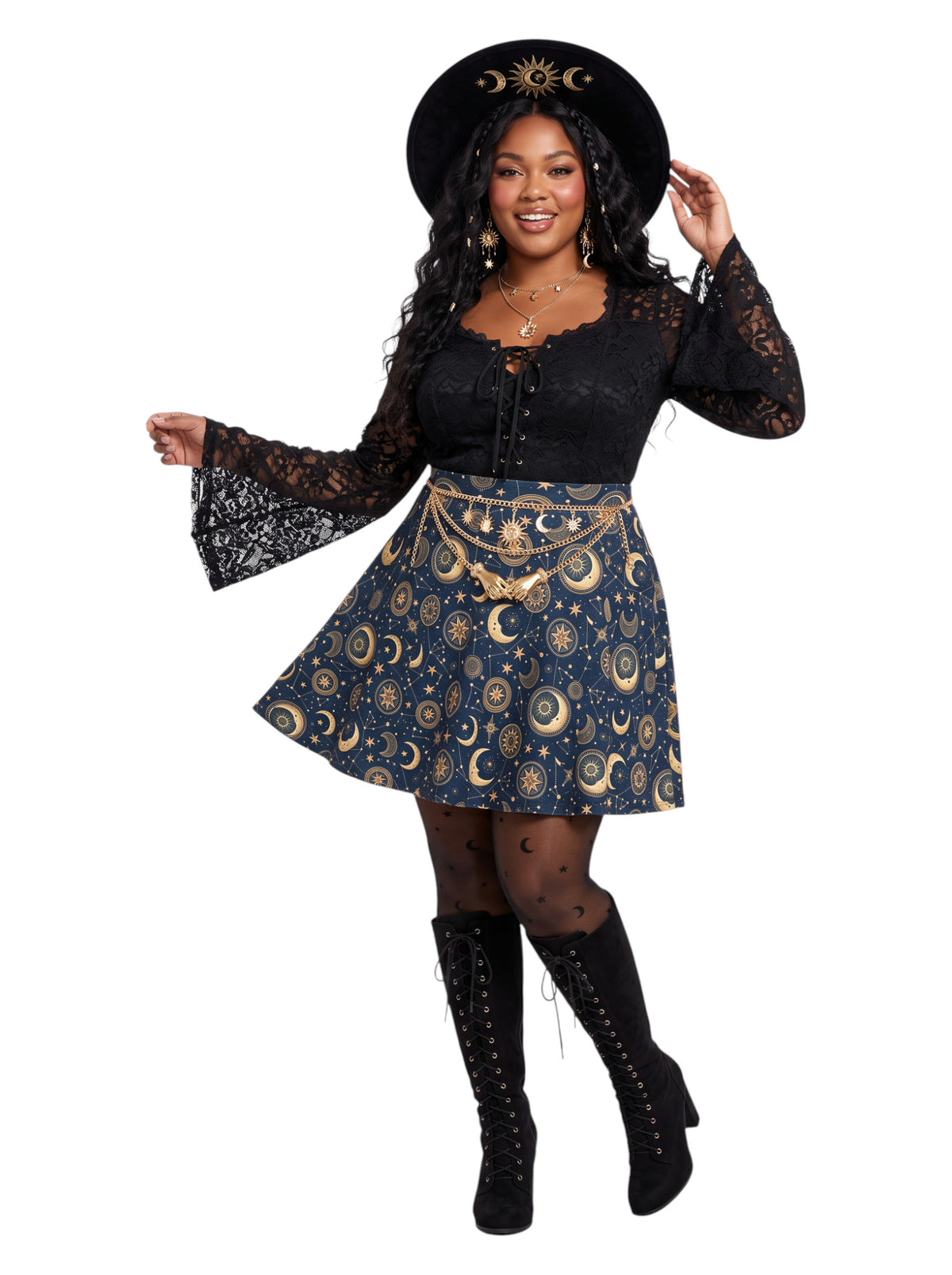 Plus size woman modeling a high-waisted whimsigoth celestial skater skirt in dark navy blue with a detailed gold sun and moon astrology pattern, styling an alternative 90s witchy outfit.