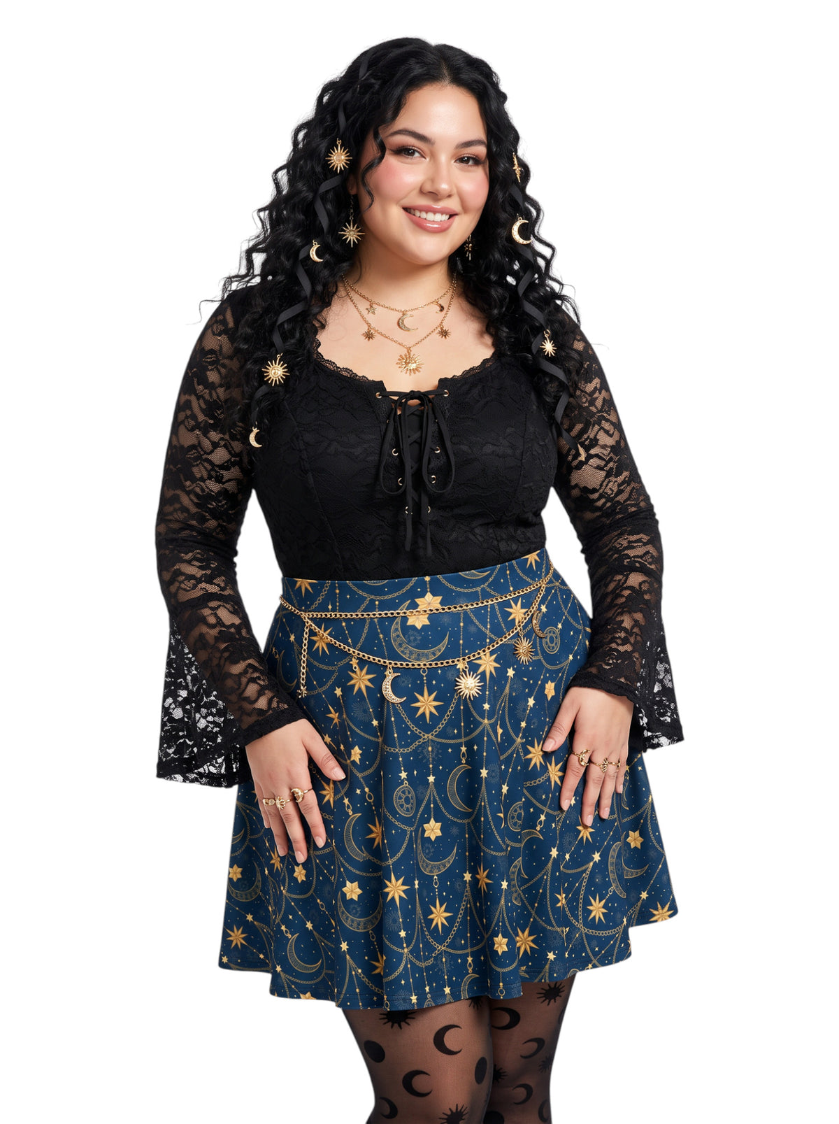 Plus-size model wearing a high-waisted whimsigoth celestial skater skirt in navy blue with a gold sun and moon pattern, featuring a soft and stretchy fit and flare silhouette.