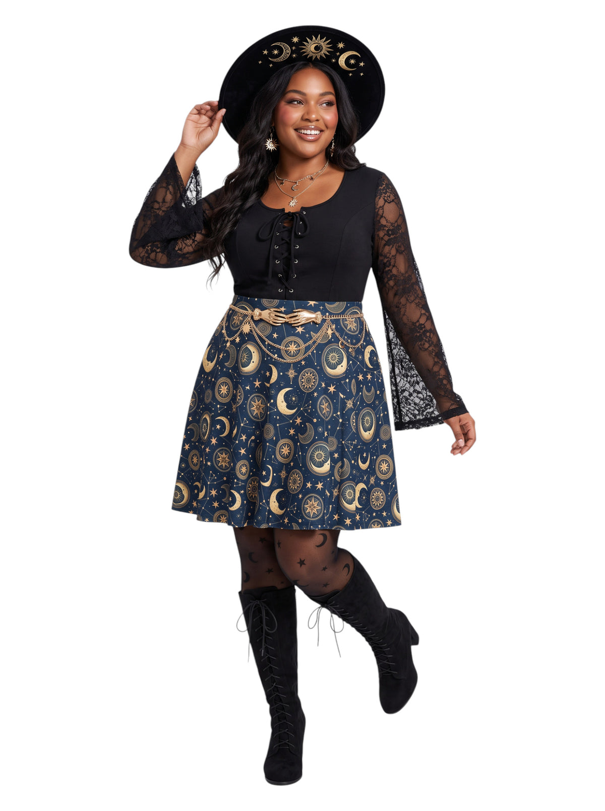 Plus size woman modeling a high-waisted whimsigoth celestial skater skirt in dark navy blue with a detailed gold sun and moon astrology pattern, styling an alternative 90s witchy outfit.