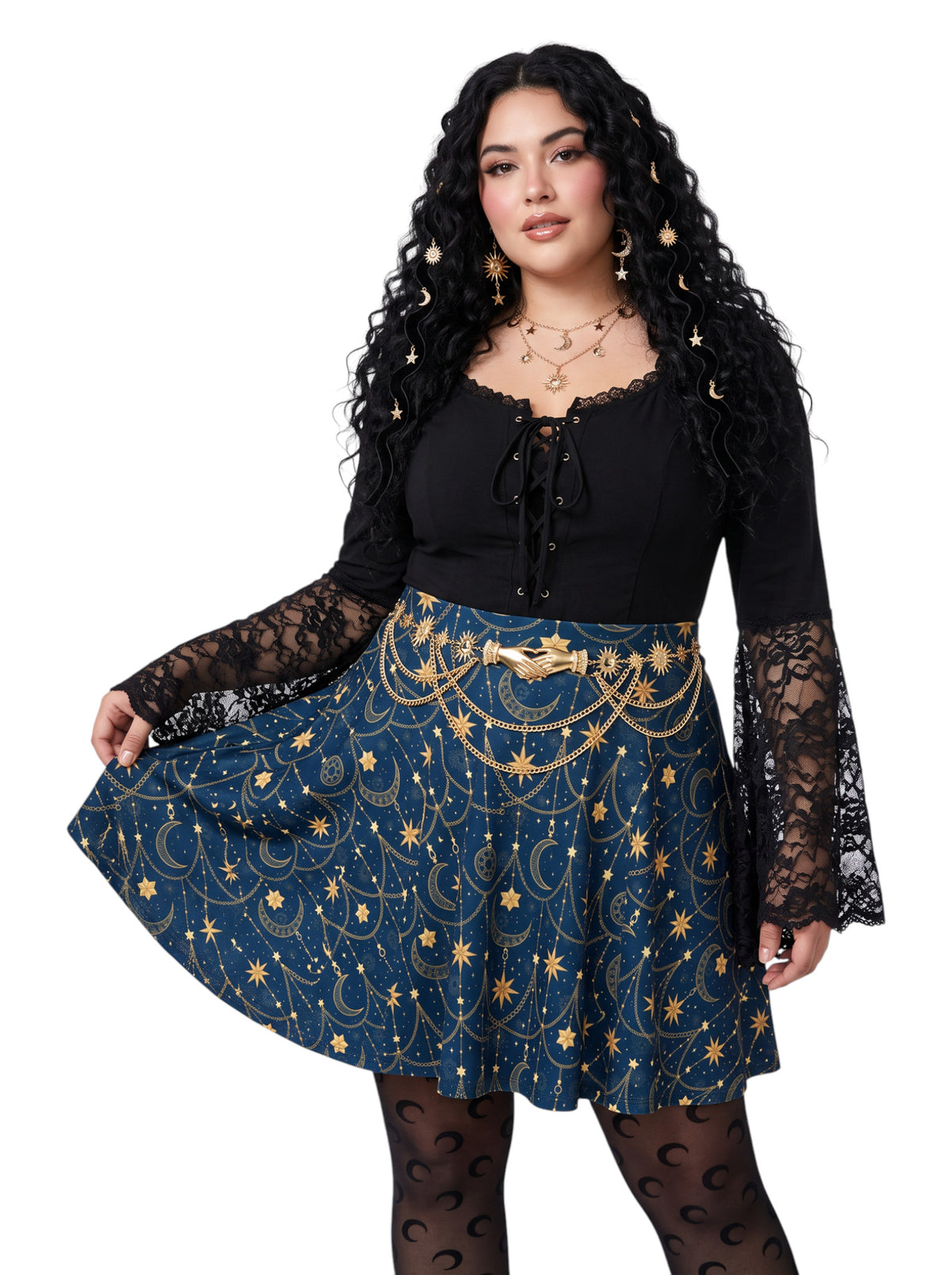 Plus-size model wearing a high-waisted whimsigoth celestial skater skirt in navy blue with a gold sun and moon pattern, featuring a soft and stretchy fit and flare silhouette.