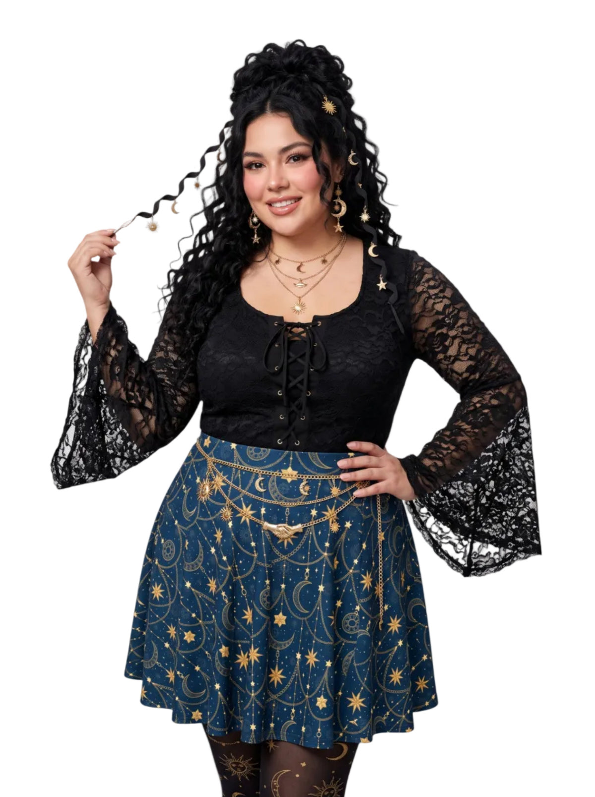 Plus-size model wearing a high-waisted whimsigoth celestial skater skirt in navy blue with a gold sun and moon pattern, featuring a soft and stretchy fit and flare silhouette.
