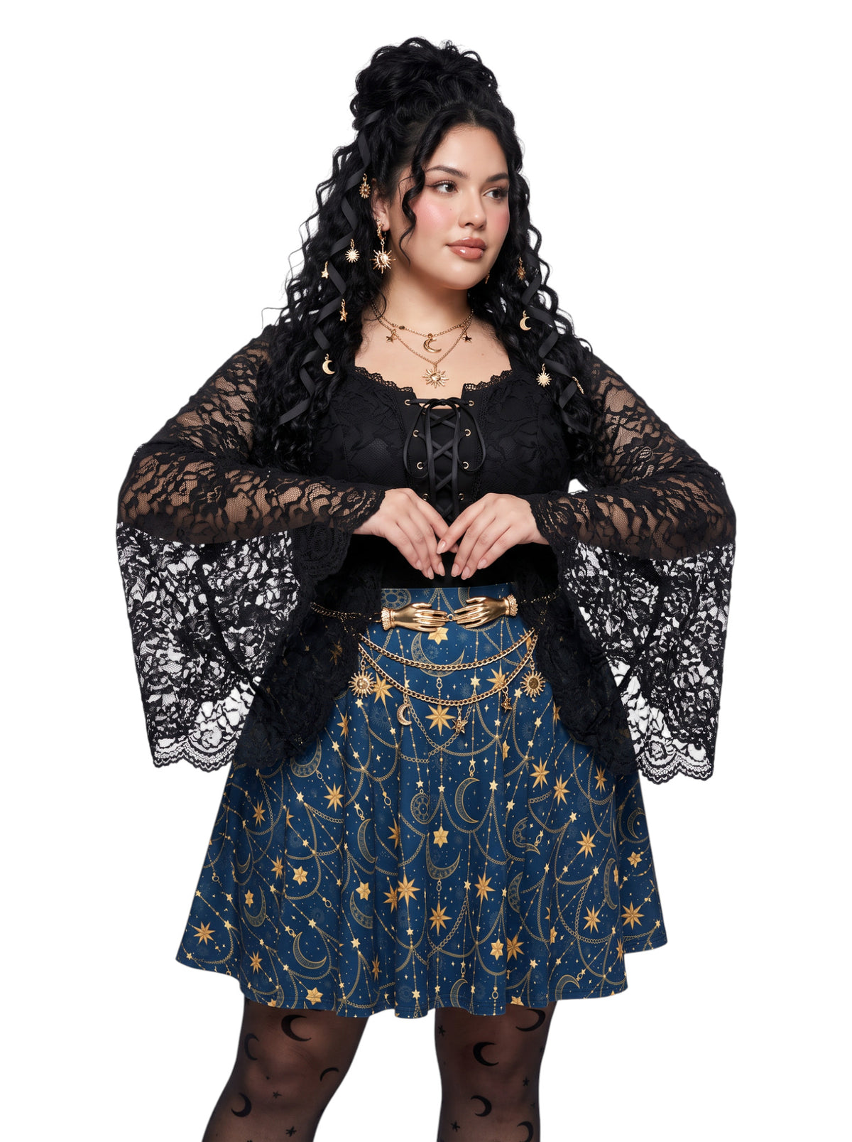 Plus-size model wearing a high-waisted whimsigoth celestial skater skirt in navy blue with a gold sun and moon pattern, featuring a soft and stretchy fit and flare silhouette.