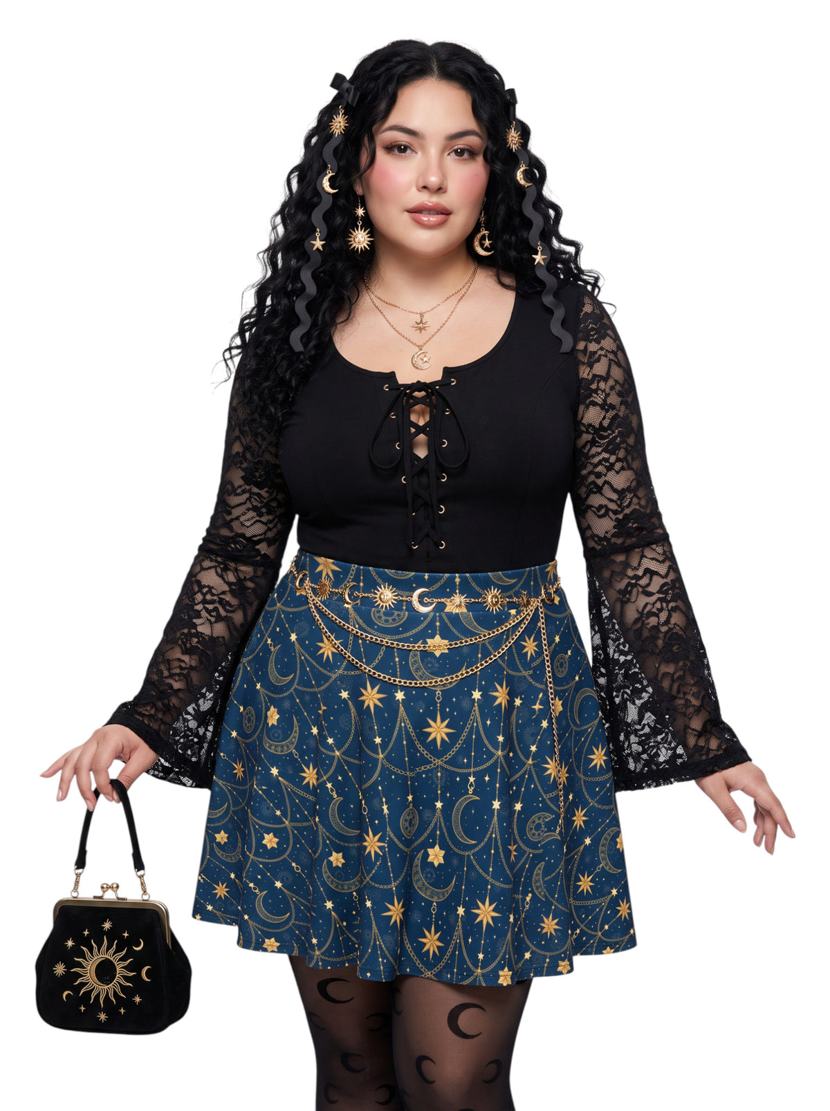 Plus-size model wearing a high-waisted whimsigoth celestial skater skirt in navy blue with a gold sun and moon pattern, featuring a soft and stretchy fit and flare silhouette.
