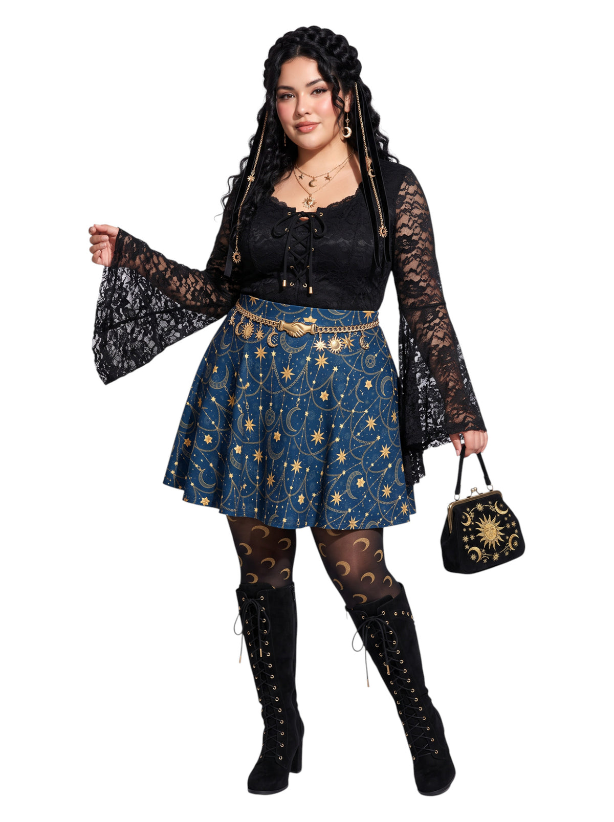 Plus-size model wearing a high-waisted whimsigoth celestial skater skirt in navy blue with a gold sun and moon pattern, featuring a soft and stretchy fit and flare silhouette.