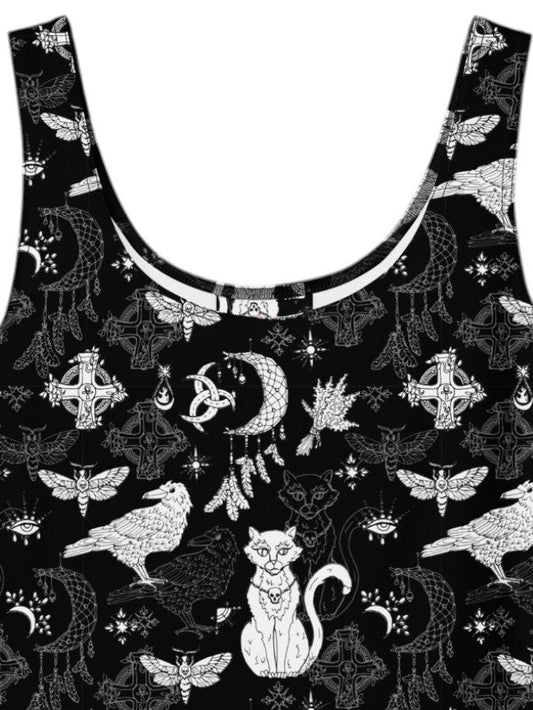 Whimsigoth fit and flare dress with witchy cat and celestial moon prints.