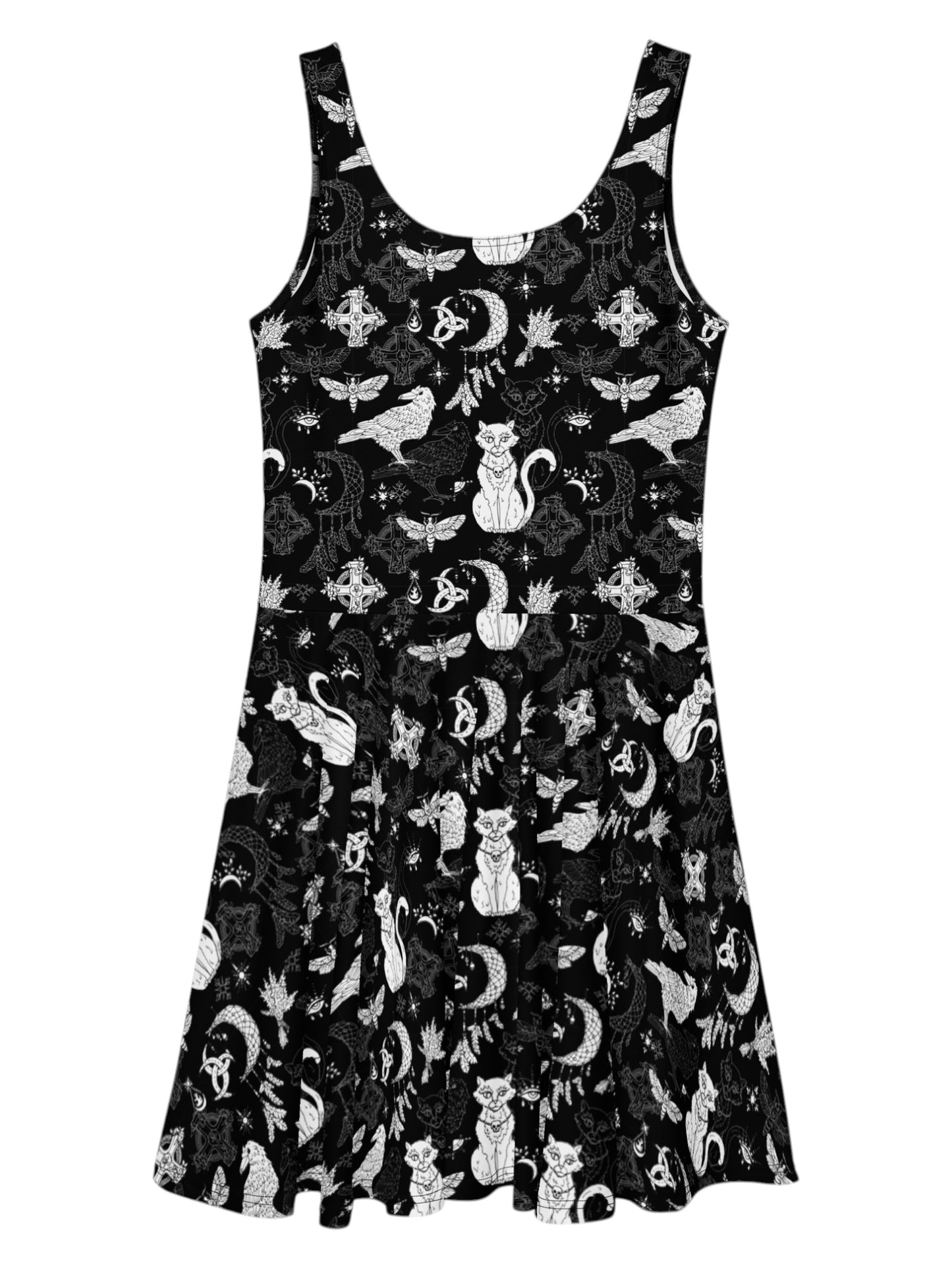 Whimsigoth fit and flare dress with witchy cat and celestial moon prints.