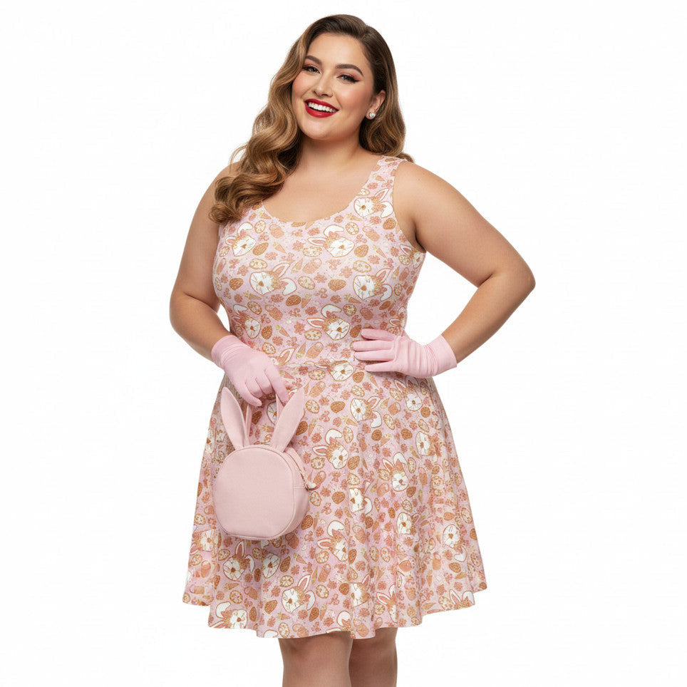 Plus size woman wearing a 1950s style pink Easter bunny print swing dress with a fit and flare silhouette.