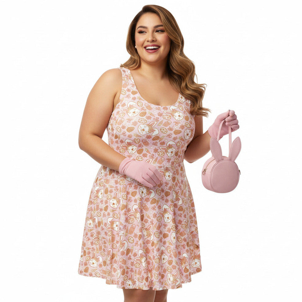 Plus size woman wearing a 1950s style pink Easter bunny print swing dress with a fit and flare silhouette.